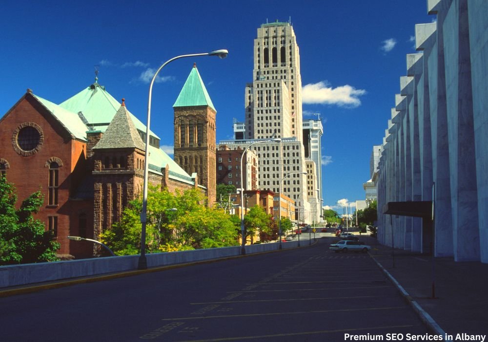 Image of the beautiful road and the church of Albany against a blue clouded sky, representing premium SEO services - Diginta Marketing